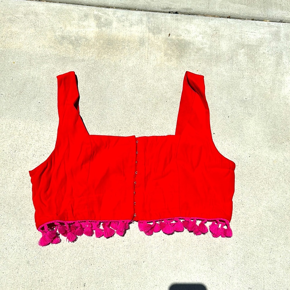Staud tassel crop top pink and red